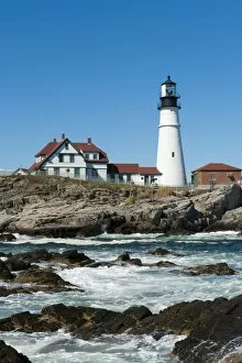 Lighthouse, waves breaking on rocks, Portland Head Light, Cape Elizabeth, Portland, Maine, New England, USA