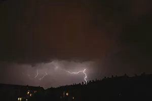 Saxon Gallery: Lightning over a residential area in Leipzig, Saxony, Germany, Europe