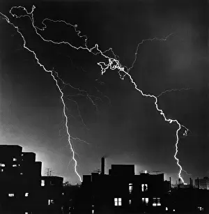 Night View Prints: Lightning Striking over City Buildings