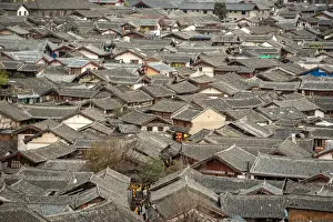 Pavilion Prints: Lijiang Old Town bird eye top top view with local historical architectures roof building