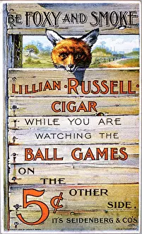 Prints of Trade card for the Lillian Russell Cigar, issued by a New York company Joseph P. Knapp, with a baseball theme, as the fox looks through the fence at a baseball game, 1898 Transcendental Graphics Prints: Lillian Russell Cigar Trade Card