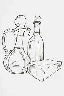 Healthy Eating Gallery: Line drawing of foods that provide fats and oils, including block of cheese