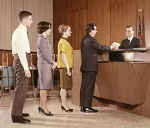 1960s Fashion Gallery: Line People Group Waiting Bank Teller Banking