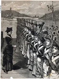 Brigade Prints: Line Of Women Holding Brooms On Dock