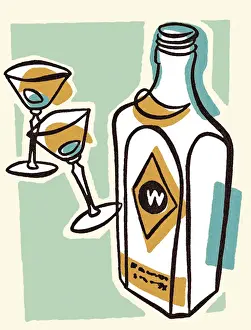 Illustration And Prints: Liquor Bottle and Martini Glasses