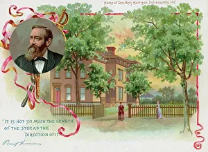 Benjamin Harrison Prints: Lithograph of Benjamin Harrison and His Home in Indianapolis