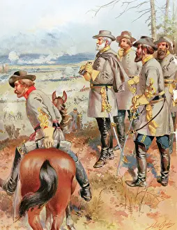 Civil War Prints: Lithograph of Civil War General Robert E. Lee and His Men Gazing over Terrain