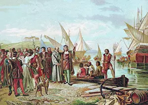 Anchor Prints: Lithograph of the Embarkation and Departure of Columbus from the Port of Palos after a painting by Ricardo Balaca