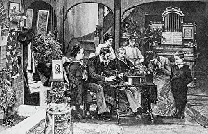 Legs Crossed Prints: Lithograph of Family Listening to Radio