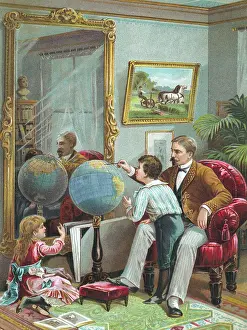Teaching Prints: Lithograph of a Father Instructing His Children in Geography
