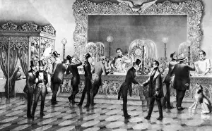 Subject Prints: Lithograph of a saloon w / men drinking and eating, NYC, c. 1853