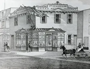 Lithograph Of Street Corner, Pharmacy