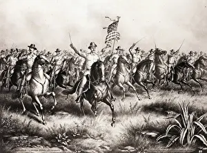 Historical Theme Prints: Lithograph of Theodore Roosevelt and the Rough Riders Charging San Juan Hill