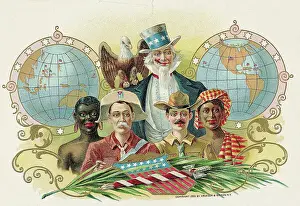 Race Prints: Lithograph of Uncle Sam and People from American Colonies