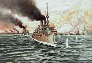 Lithograph of the U.S. Fleet Destroying the Spanish Fleet at Manila