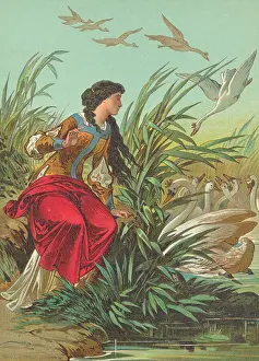 Lithograph of Woman and Swans