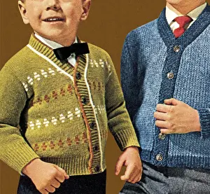 Brown Background Prints: Two Little Boys Wearing Caridigans