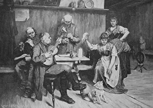 Apartments Prints: The little house dog disturbs the house music and the farmer's wife would like to chase him away