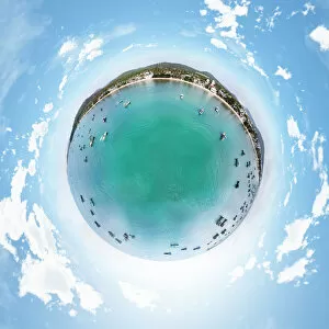 Images Dated 8th May 2018: Little Planet Image above Fishing Boats Resting on the Beach of Phu Quoc Island, Vietnam