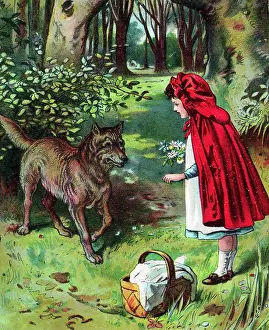 Hood Prints: Little Red Riding Hood In Woods with Wolf