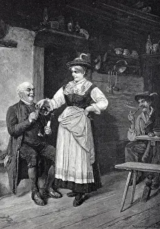 3 People Prints: A little refreshment, the farmer's wife in traditional traditional costume pours the grandfather a schnapps