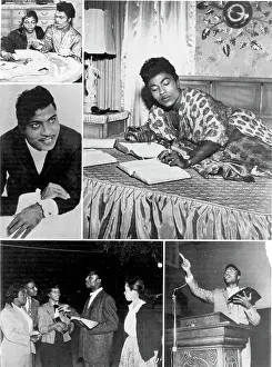 Prints of CIRCA 1958: A collage of images of rock and roll singer Little Richard preaches to a crowd as he holds the bible The Architect of Rock: Little Richard Finds Religion