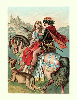 Prints of Vintage colour engraving of Little Sister and Little Brother (Bruderchen und Schwesterchen) a well-known European fairy tale which was, among others, written down by the Brothers Grimm Whimsical nursery rhyme artworks curated to evoke a sense of wonder and imagination: Little Sister and Little Brother - Bruderchen und Schwesterchen