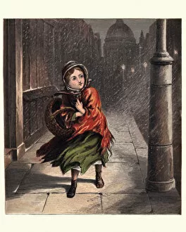 Images Dated 17th October 2017: Little victorian girl on cold rainy London night, 1870