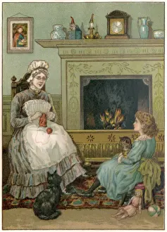 Little Victorian girl sitting beside the nursery fire with her nurse and cats
