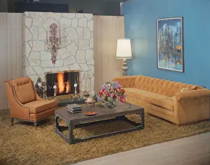 Carpet Prints: Living room with fireplace in background