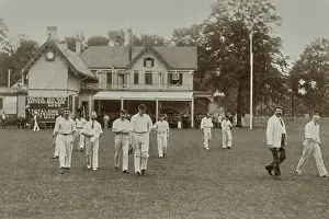 Prints of Players walking onto the pitch at Livingston Cricket Club on Staten Island, New York, 1893. The scoreboard at back reads English New York Batters, Bowlers Cobb' Legendary Moments & Global Spirit in Wall Art: Livingston Cricket Club