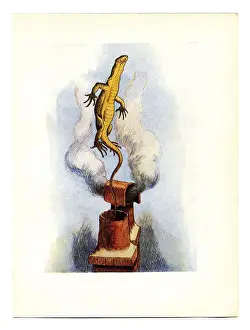 A collection of artist interpretations of Alice's adventures: Lizard emerging from chimney illustration, (Alices Adventures in Wonderland)