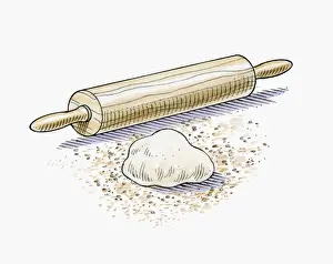 Pastry Prints: lllustration of rolling pin, pastry dough and rolled oats