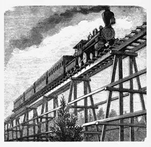 Images Dated 18th July 2017: Locomotive Crossing a Tressel Bridge, Pan Pacific Railway Engraving, 1877