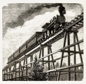 Images Dated 15th June 2018: Locomotive Crossing a Tressel Bridge, Pan Pacific Railway Engraving, 1877