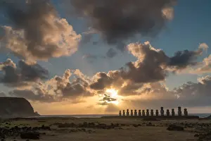 Rapa Nui Prints: Lone monolithic giant stone Moai statue looking out to sea at Tongariki