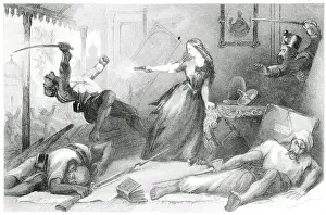 Lone Woman Using Gun on Sepoy Rebel with Sword
