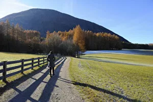Images Dated 18th November 2011: Lonely walk of a woman in an autumnal landscape, Mieminger Plateau, Tyrol, Austria, Europe