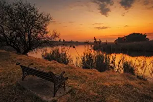 Lakeshore Prints: Lonesome park bench at sunset on the shores of a remote farm lake near Magaliesburg