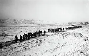 Manchuria Prints: Long Line of Troops Marching in Snow