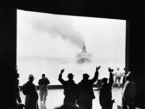 Wharf Prints: Longshoremen Waving to Liner Queen Mary