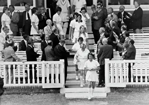 Prints of English ladies cricket captain Rachael Heyhoe Flint leads her team out to play Australia in an historic one-day International match, Lords's Cricket ground, England winning by eight wickets, London Legendary Moments & Global Spirit in Wall Art: Lords And Ladies