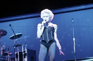 Prints of LOS ANGELES - AUGUST 6: Pop singer Madonna performs onstage in a black bustier with lingerie on on August 6, 1987 in Los Angeles, California. (Photo by Michael Ochs Archives/Getty Images) Experience the Evolution of the Queen of Pop: Los Angeles Concert