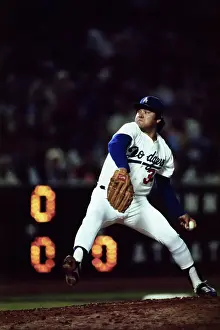 Pitcher Prints: Los Angeles Dodgers Player Fernando Valenzuela Pitching During Game