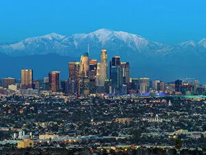 Cityscapes Prints Gallery: Los Angeles Skyline With Snow Capped Mountains