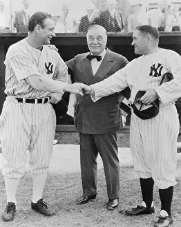 Joseph V Prints: Lou Gehrig Shaking Jacob Rupert's Hand