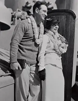 Hawaii Prints: Lou Gehrig and Wife Wearing Hawaiian Leis