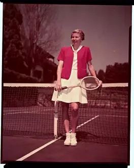 Louise Brough Posing in Tennis Outfit on Court