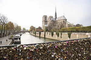 Love locks attached on the railings of the Pont de L Archeveche in Paris