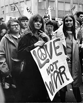 Prints of Vietnam Protestors hold up a sign that reads Love Not War at the Chicago Democratic National convention in May 1969. War Protests (Photo by Michael Ochs Archives/Getty Images) Vietnam War Prints: Love Not War Protest Sign